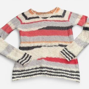 White, Pink, and Grey Knit Striped Sweater